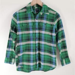 GAP Boys Flannel Long Sleeve Button Down Shirt  Green Blue Plaid Cotton Size L